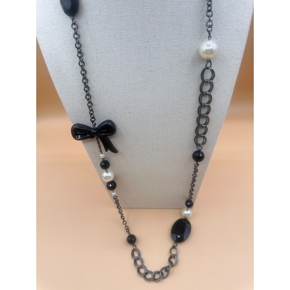 Black Bow Faux Pearl Beaded Gunmetal Chain Statement Necklace Gothic Coquette